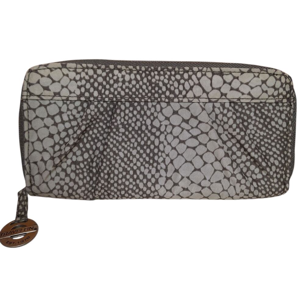 Travelon womens zip around RFID Blocking walletbeige/gray printed travel wallet